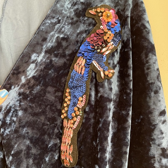 Zara Blue Velvet Sequin Bird Kimono Wrap Top - Picture 5 of 7